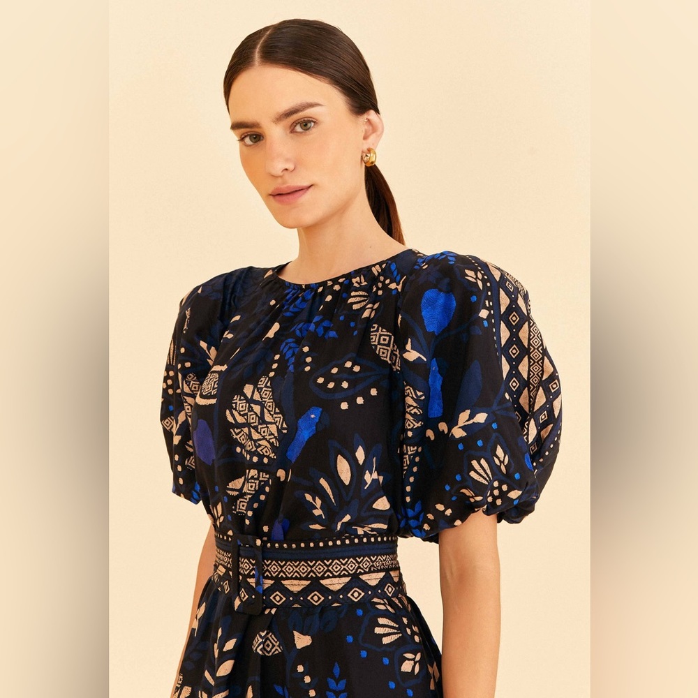FARM Rio Navy Blue & Beige Floral Puff-Sleeve Mini Dress - Picture 4 of 13
